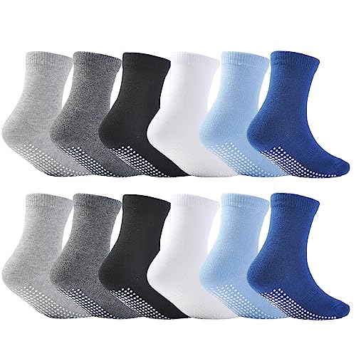 EPEIUS Baby Anti Slip Crew Socks 12 Pack with Grips for Toddlers Little Boys Girls Infants Kids Non Skid Value Pack,6-12 Months Black/White/Grey/Blue