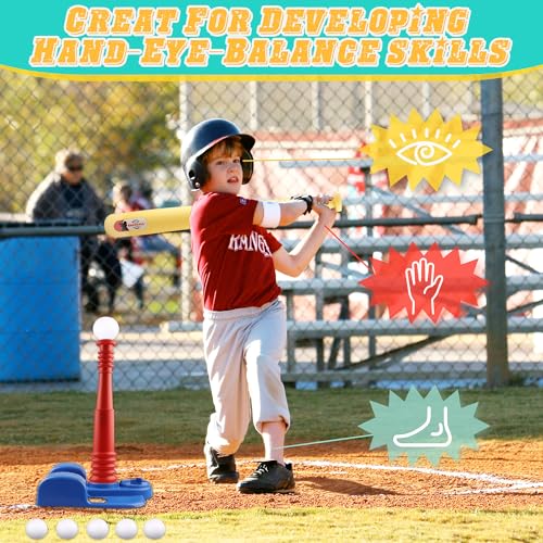 Asyxstar T Ball Sets for Kids, Toddlers, Baseball Tee Ball Set - includes 6 Baseballs, A Baseball Launcher and an T Ball Stand for Kids 3-5 for Kids Toy Gifts for 3 Year Old Boys