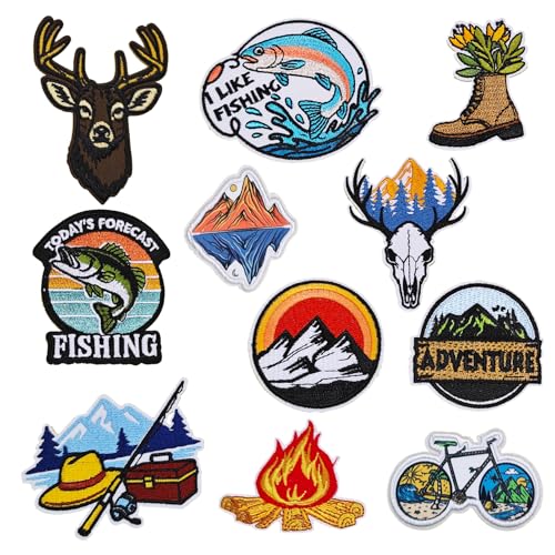 Qpout 11pcs Camping Plancha en Parches,Aventura al aire libre Senderismo Naturaleza Paisaje Bordado Reparación Decoractivo Apliques Kit de parches para ropa Mochila Vaqueros Chaquetas Gorra