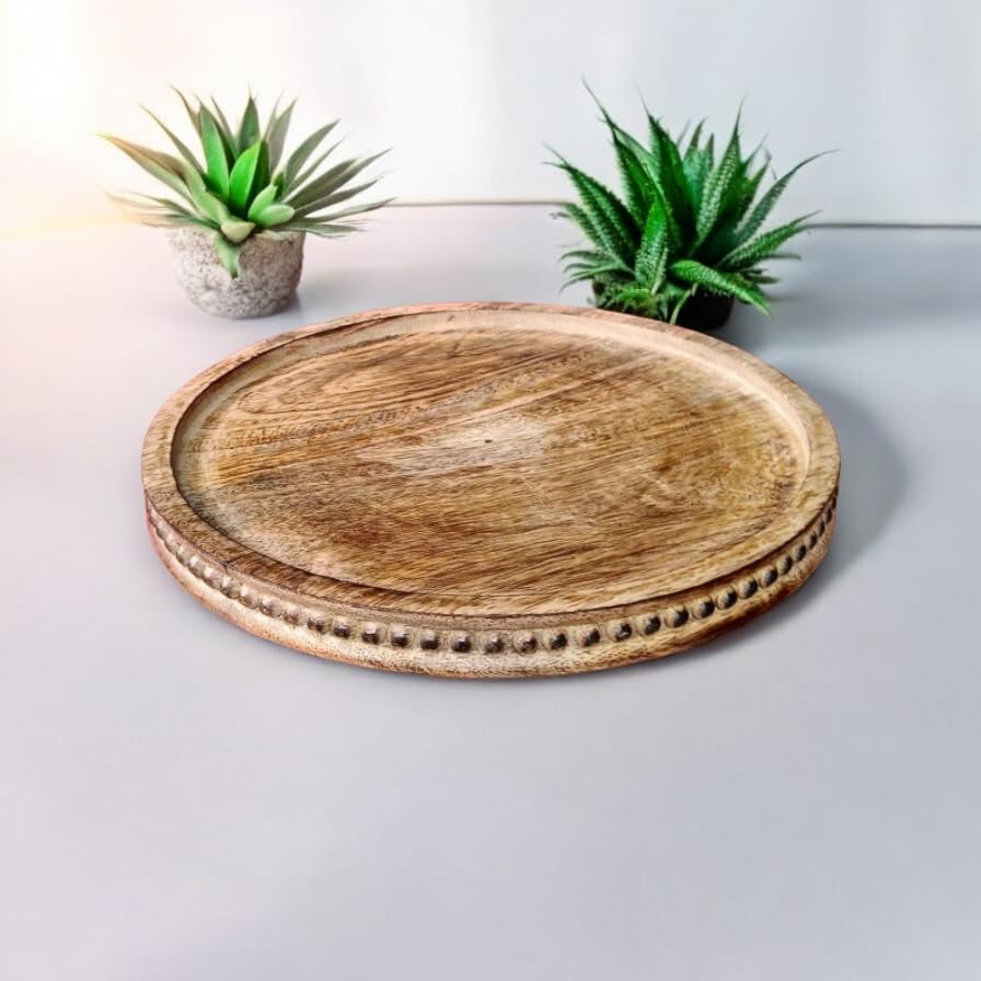 Image of Round Wood Serving Tray, Rustic Nesting Trays Stackable Platters for Serving Cakes, Pastries, Snacks, Breakfast,Decorative Wooden Beaded Tray 10 inches Centerpiece for Dining & Coffee Table