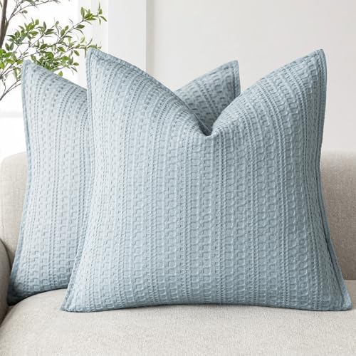 Image of Foindtower Set of 2 Decorative Cotton Waffle Weave Throw Pillow Covers Euro Shams Cushion Covers Accent European Pillowcase for Bed Couch Sofa Bedroom Living Room Home Decor 22x22 Inch Light Blue