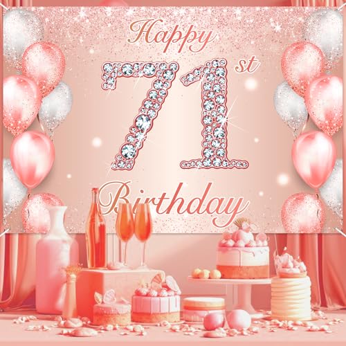 Image of Happy 71st Birthday Rose Gold Banner Cheers to 71 Years Old Backdrop Confetti Balloons Theme Decor for Women 71 Years Old Pink Birthday Party Decorations Bday Supplies Background Favors Gift Glitter