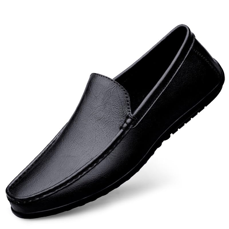 Mens Loafers Round Toe Solid Color Leather Loafer Shoes Anti-Slip Flat Heel Comfortable Walking Slip-ons