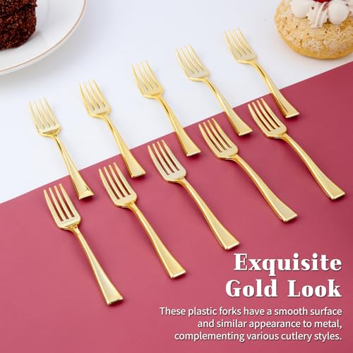 Kucoele 4 Inch Gold Mini Plastic Forks, 100 Pack Disposable Appetizer Forks Tiny Tasting Forks for Small Desserts, Strawberries, Charcuterie, Smaples, Cocktails