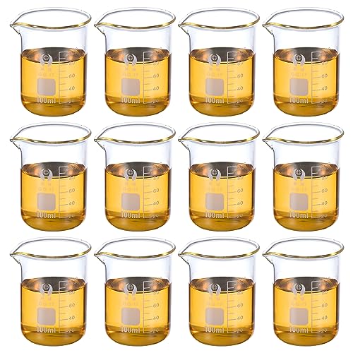 PATIKIL 100ml Faible Forme Verre Bécher, 12 Paquet 3.3 Borosilicate Verre Gradué Imprimé Échelle Mesure Tasses avec Bec Verseur pour Cuisine Labo Liquides