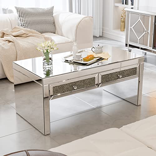 Ikifly Mirrored Coffee Table With 2 Crystal Drawers, Glass Rectangle End Table Coffee Tea Table For Living Room Bedroom #TOP30