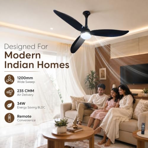 Image of XUGA Ziora F9D BLDC Ceiling Fan, 1200mm, 34W Energy Saving, 370 RPM, 235 CMM Air Delivery, Remote Control, LED Light, 6 + Boost Speed, Copper Motor, Premium Black
