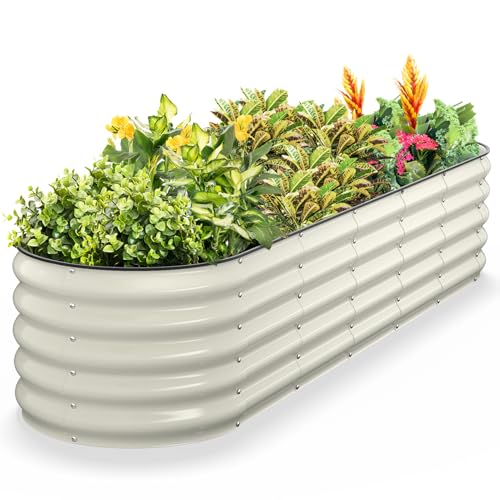 Kesfitt Raised Garden Bed, Metal Galvanized Steel Oval Garden Bed 8x2x1.5 ft with 18-Inch Deep Open-Bottom Design for Outdoor Vegetable Gardening, Pearl White