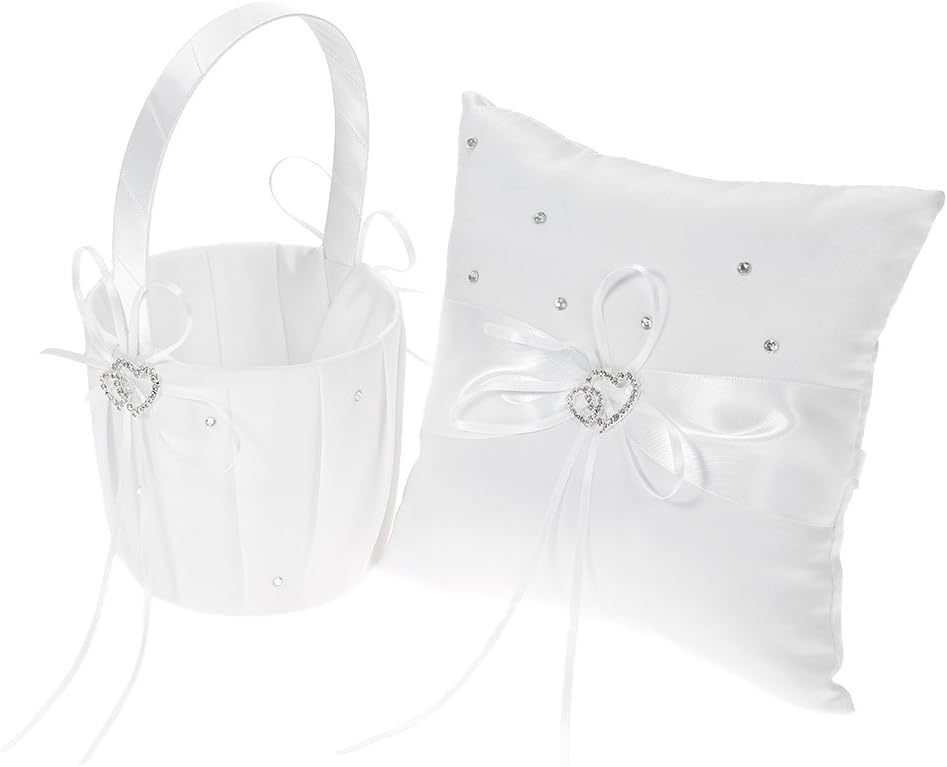Wedding Supplies Double Heart Satin Flower Girl Basket Ring Bearer Pillow Guest Book Pen Holder Bride Garter Set(Satin-5PCS)