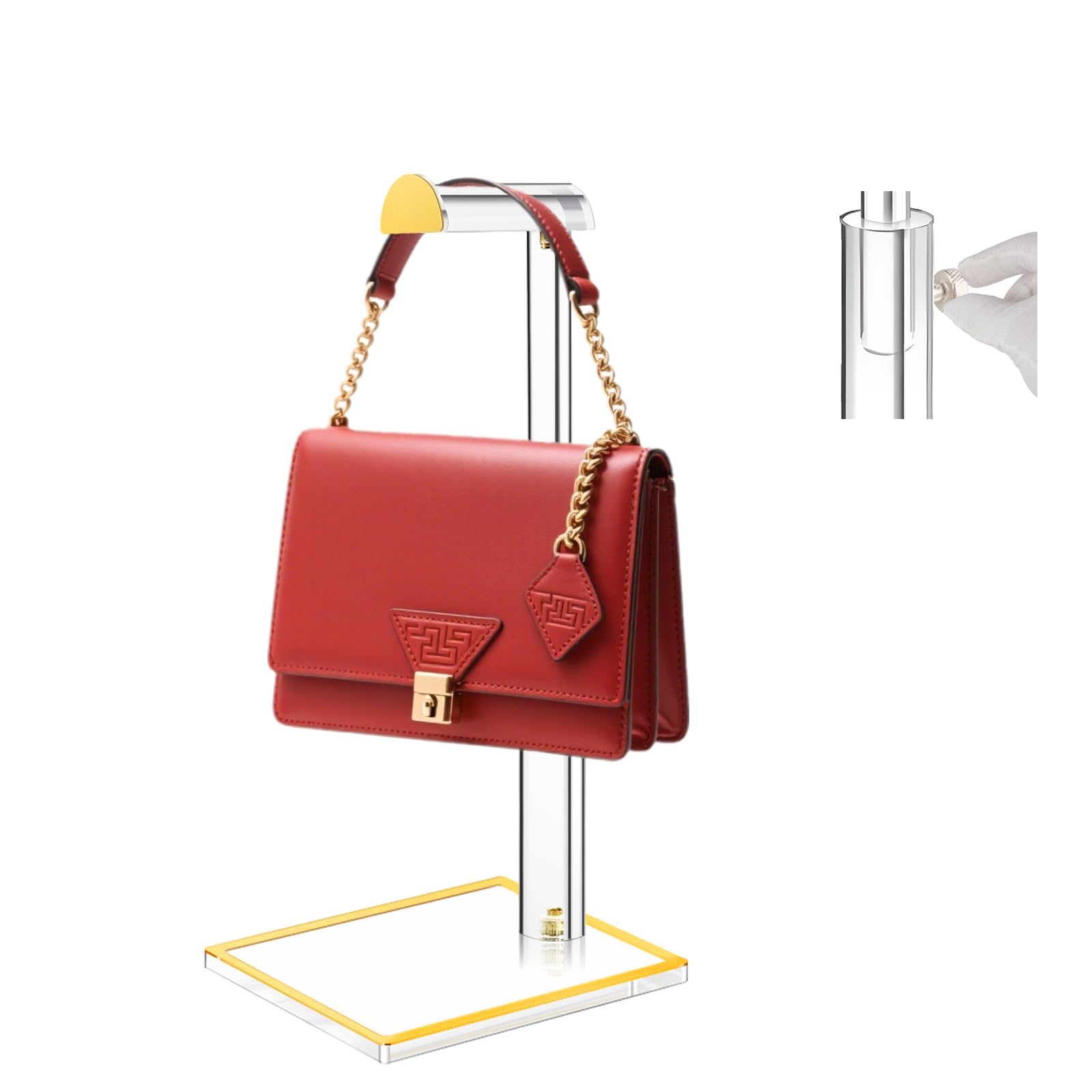 Acrylic Handbag Display Stand Gold Trim Purse Holder, 14"-24" Adjustable Height Thicken Anti-slip Base Clear Purse Rack Hanging Evening Bags Clutch Jewelry and Wreath for Table Closet Retail