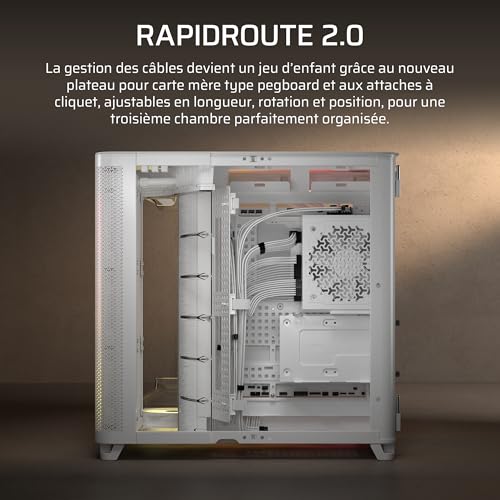 CORSAIR AIR 5400 RS-R ARGB Boîtier PC Triple Chambre Moyen-Tour Panoramique — Chambre Isolée pour AIO 360mm, Compatible Mères À Connexion Inversée, 3X Ventilateurs ARGB RS-R Inclus — Blanc