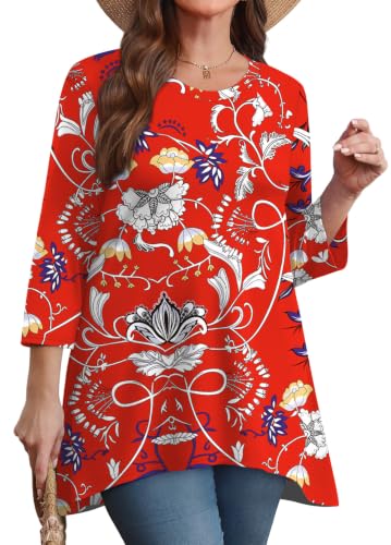 Image of OFEEFAN Tunic Tops for Women Loose Fit Dressy 3 /4 Length Sleeve Womens Tops with Asymmetrical Hem S-4XL
