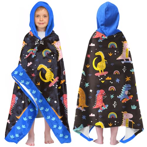 Image of Dinosaur Boys Beach Towel with Hoodie for Kids Toddlers Age 4-8,Dino Blue Bath Towels Shower Wrap for Boys, Hooded Poncho Beach Blanket for Pool Swimming Cute Wearable Bath Towel for Child