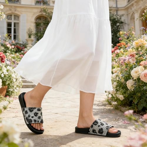 Image of Fur Story Womens Slides House Slippers Rhinestone Glitter Slides Cute bling Flat for Women Platform Sandals Cozy Bedroom Slippers Shower Shoes
