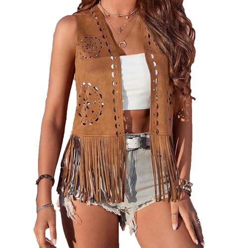 Women Western Tassels Vest Tops 70s Hippie Faux Suede Fringe Vests Jacket Cardigan Open Front Rodeo Cowgirl Shirt