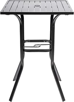 Patio Height Bar Table, Outdoor Bistro Square High Top Dining Table with 1.57 Umbrella Hole & Steel Slat Table Top Black