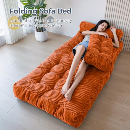 Image of MAXYOYO Folding Sofa Bed, Convertible Chair Bed with Pillow | Foldable Couch with Back Support, Portable Fold Out Chair Comfy Floor Sofa for Living Room Bedroom, New Orange, Single