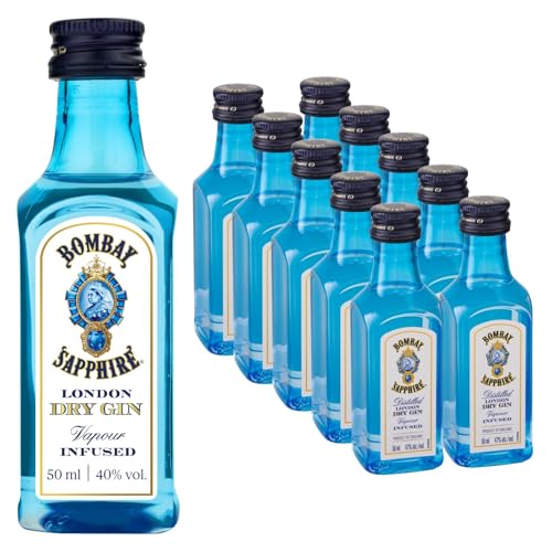 Bombay Sapphire London Dry Gin Miniatures 40% vol. 5 cl / 50 ml (Pack of 10) 100% Vapour Infused Spirit with 10 Hand-Selected Botanicals