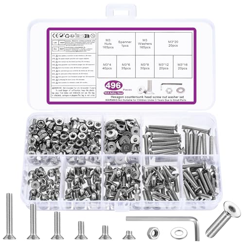 496 Pcs M3 Screws Set, Countersunk Bolts and Nuts Set, Countersunk Head Nuts and Bolts with Washers, Flat Machine Screws Assorted, Hex Socket Head Cap Bolt Assortment Kit + Wrench