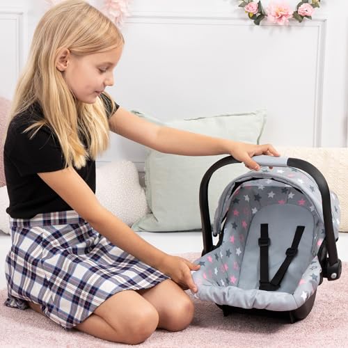 Bayer Design 67907AA Puppenautositz EasyGo, Puppensitz, Puppenzubehör, mit Gurt, Dach, verstellbarem Griff, Grau, Sterne