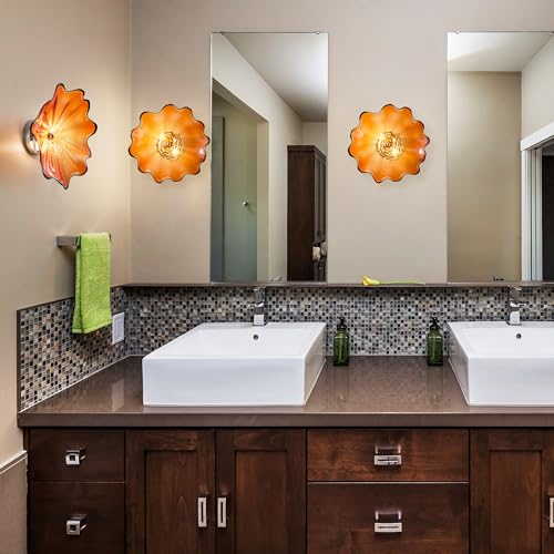 Image of Amber Glass Wall Light Dia 12 inch Wall Lamp with Murano Glass Shade Vintage Vanity Lighting Fixture with Metal Base Flush Mount Wall Sconce 2-Light for Bathroom, Bedroom, Bedside, Entryway