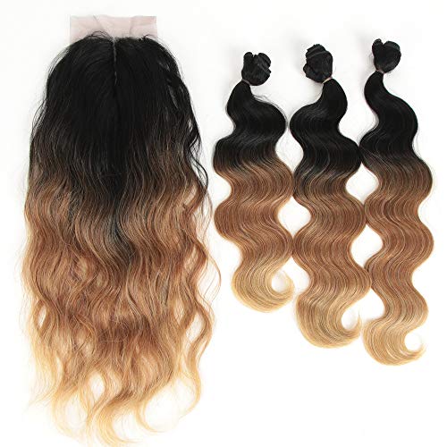 DÉBUT 3 synthetic hair bundles with 1 hand-tied lace front closure 18 20 22 inches 260g Human Hair Similar weave Body Wave Heat Resistant ombre Black Honey Blonde