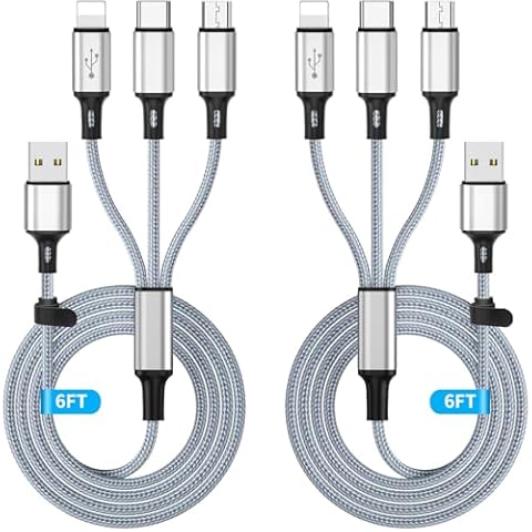 Multi Charging Cable, Multi 3 in 1 iPhone Charging Cable, Lightning/Type-C/Micro USB Universal Port Adapter,1.8M/6FT Long Nylon Braided Phone Charger Cable Adapter for Android/iPhone 15/Samsung-2Pack Cover