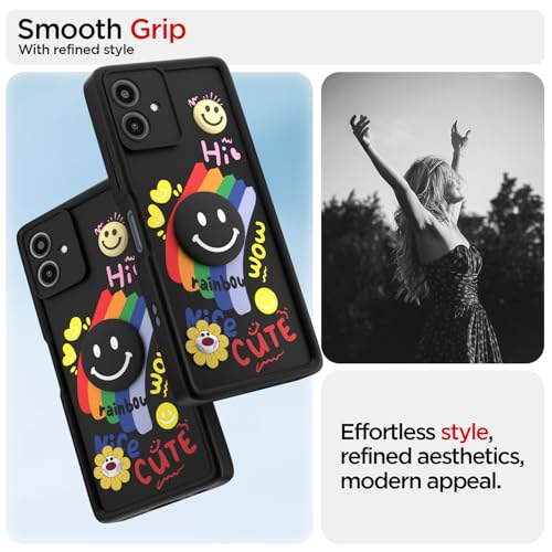 Image of Pikkme Back Cover for Motorola Moto G54 5G / G64 5G | Soft Silicone| Cute Rainbow Smile & 3D Cartoon Flower Design | Shockproof Raised Camera Protection Bumper Case (Black)