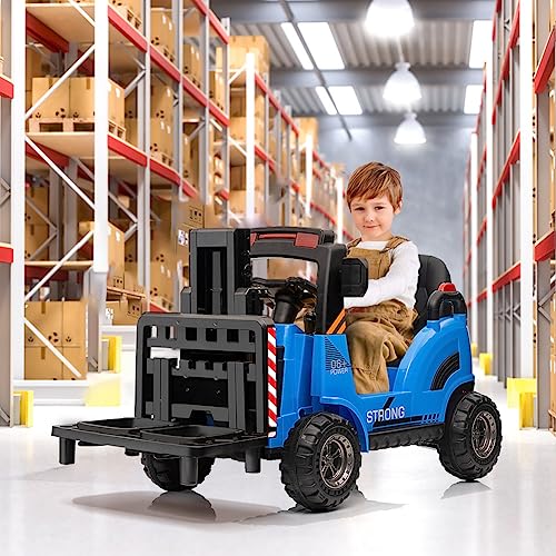 Garvee 12V Electric Ride on Forklift Car with Remote Control, Ride on Car with Liftable Fork and Pallet, High/Low Variable Speed, Music, USB, MP3, and Low-Power Alarm for Boys and Girls(No Tent,Blue)