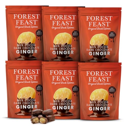Forest Feast Dark Chocolate Ginger 130g Pack of 6 Premium Crystallised Ginger Fully Dipped in 60% Cocoa Chocolate Rich Indulgent Snack with Sweet Spicy Flavour and Resealable Fresh Pouch