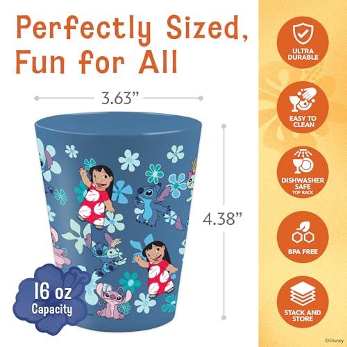Image of Disney Stitch Plastic Drinking Glasses, Dishwasher Safe, 4-Pack | 16 oz, unbreakable, reusable, BPA-free, stackable to save space, great for water, juice, and family meals