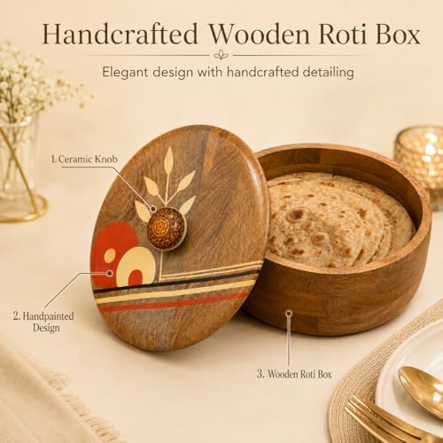 Image of Artysta 'Abstract Art' Wooden Chapati Box | Wooden Casserole For Roti | Chapati Box For Kitchen | Roti Box with Lid | Housewarming Gifts | Handpainted Roti Box | Mango Wood 8inch, 1080ml
