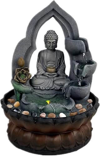 Fuente de mesa de Buda de 11.8 pulgadas con luz LED, decoración zen de meditación de relajación interior con rocas naturales de río, decoración de