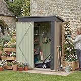 Greesum 5x3FT Outdoor Storage Shed with Base, Utility Tool Shed with Sloping Roof, Metal Storaged Garden Shed with Door & Lock for Patio Storage, Brown