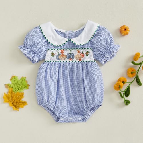 Baby Girl Halloween Outfit Pumpkin Embroidery Bubble Romper Plaid Short Sleeve Smocked Bodysuit Newborn Fall Clothes4