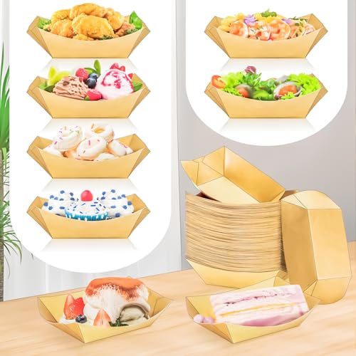 MotBach 120 Pack 2Lb Paper Food Boat Trays Disposable Paper Boat Plate Containers, Kraft Food Serving Tray Boats Baskets for Snack Popcorn Dessert BBQ Hot Dog Burger Sandwich Taco Fries Nacho