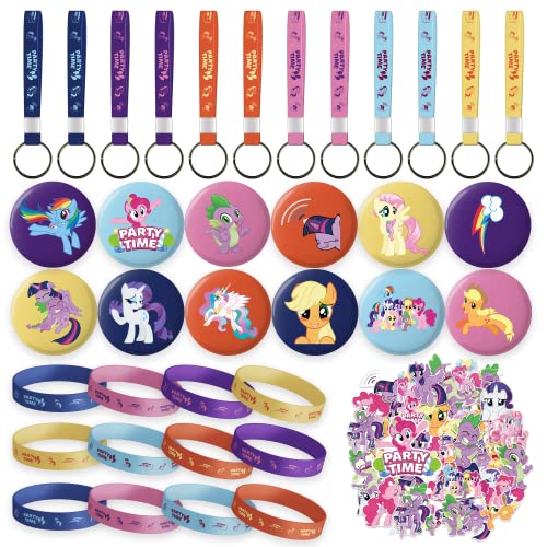 My Little Pony Birthday Party Supplies, My Little Pony Party Supplies, My Little Pony Party Favors Includes 12 Bracelets,12 Button Pins,12 Keychain, 50 Stickers for My Little Pony Party