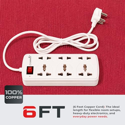 Image of Primo 6 Foot 6-Socket Extension Board - 10A 240V with Wall Hanging | Heavy Duty Copper Cord Power Strip, Multi Plug Extension Box & Spike Guard