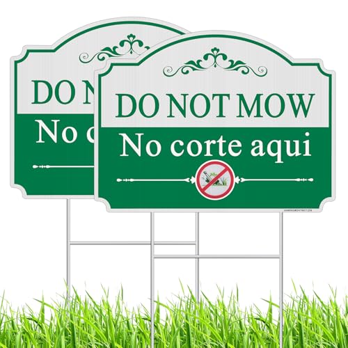 Do Not Mow Yard Sign Bilingual Plant Garden Sign in English and Spanish 2 Pack 12.6 x 9.5 No Mowing Outdoor Lawn Sign. Double Sided with Metal Stakes UV Protected Weatherproof Easy to Mount.