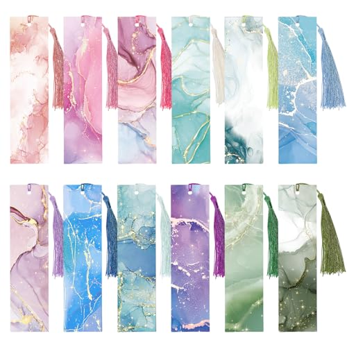 24 Stück Lesezeichen Papier, Bookmark in Marmorierung Muster mit Bunten Quasten Book Marks zum Beschriften Selbst Gestalten Basteln Adventskalender Füllung Geschenke Weihnachten für Buchliebhaber