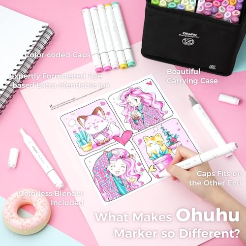 Image of Ohuhu Alcohol Markers, 120-Color Marker Set For Artists, Oahu Series, Double Tipped Alcohol Based Art Markers For Adults Coloring Sketching Illustration, Marker Case, Fine & Chisel, Multicolor