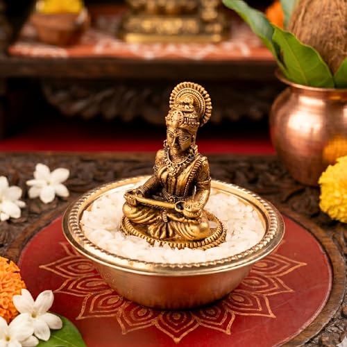 Image of anciently Pure Brass Annapoorani Statue with Rice Bowl - Maa Annapurna Devi Idol /Silai /Murti for Kitchen Vastu & Pooja Room, Gold Colour, 1 Set