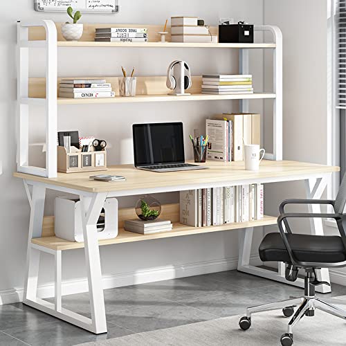Moderno escritorio para computadora de 31 pulgadas con estantes y estantería, estación de trabajo de escritura con marco de metal resistente para oficina en casa, diseño simple, solución que ahorra