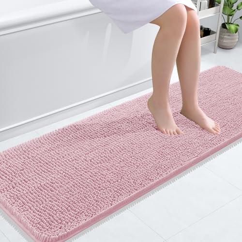 Image of OLANLY Bathroom Runner Rugs 59x20, Soft Absorbent Chenille Bath Rugs, Rubber Backing Quick Dry, Machine Washable Long Bath Mats for Bathroom Floor, Tub and Shower, Home Decor Accessories, Dusty Rose