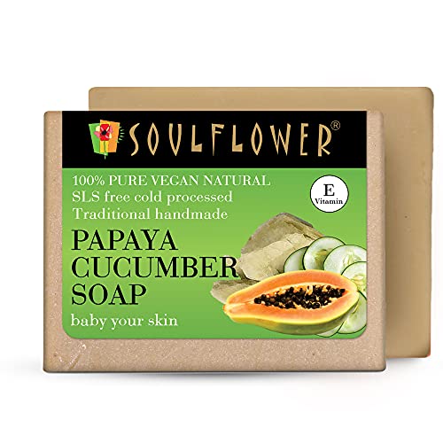 Image of Soulflower Handmade Papaya Cucumber Soap - Pure, Natural, Coldprocessed Grade 1 BIS Standard Luxury soap with Essential oils,Exotic herbs & Aroma 150g - Pack of 2 | Clinically Tested |