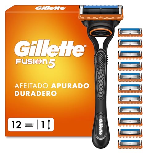 Gillette Fusion5 Maquinilla de Afeitar Hombre con Recambios, 1 Mango Y 12 Cuchillas de Afeitar con 5 Hojas, Banda de Gel Lubricante Y Recortadora de Precisión