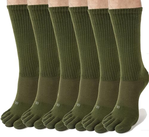 FUN TOES Men Crew Toe Socks Athletic Running - Proper Toe Alignment - Breathable Mesh Top - Value 6 Pairs Pack size 6-12 (Green)