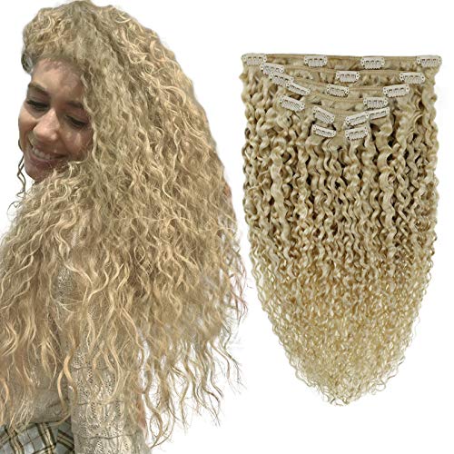 RUNATURE Natural Hair Clip in Extensions Bleach Blonde 14 Inch Curly Clip in Human Hair Extensions 7 Pieces Natural Wavy Clip in Full Head Set 7pcs 100g