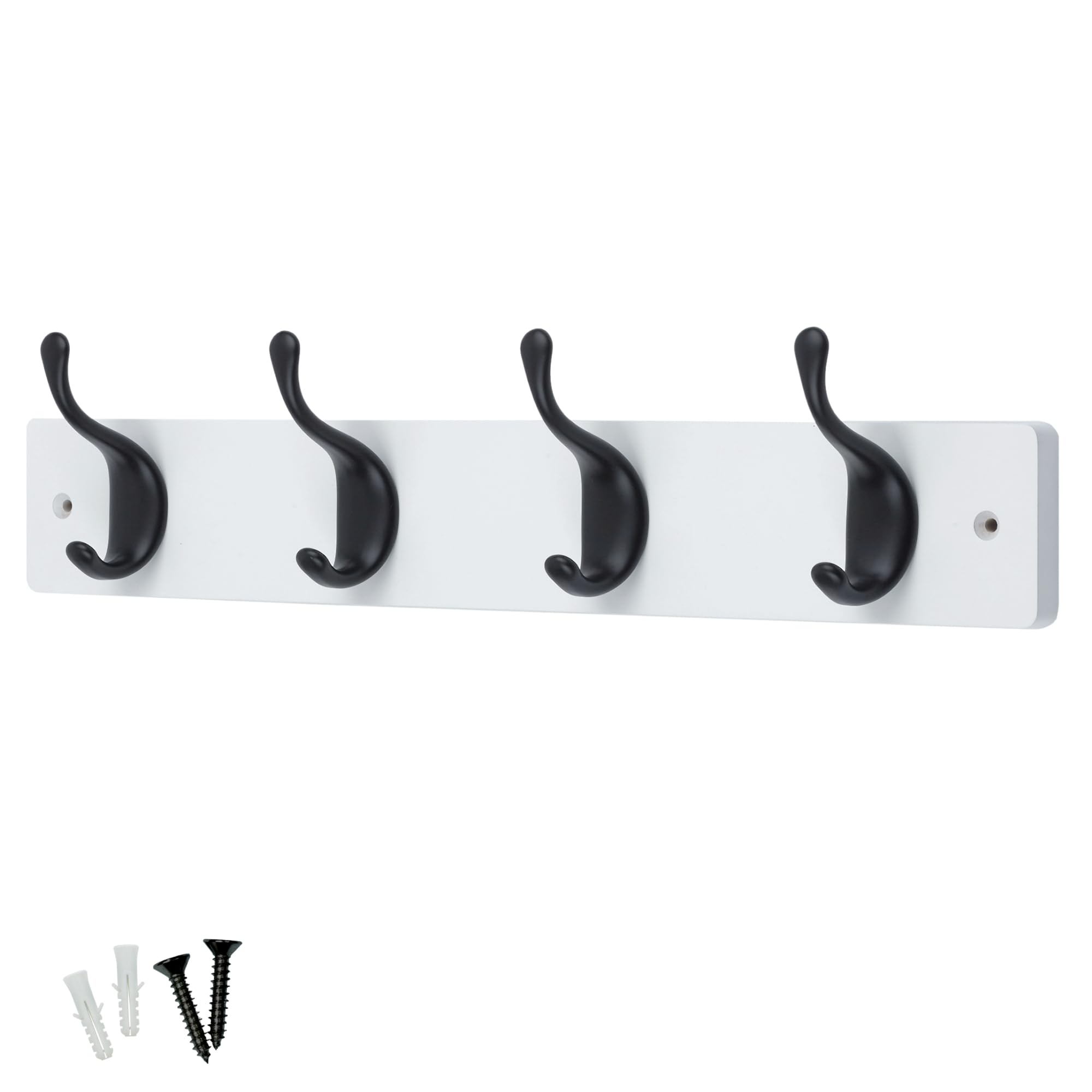 Keypak White / Matte Black 4 Coat Hooks On Wooden 46Cm Board - Modern Wall Door Mounted Coat Rack Clothes Hanger