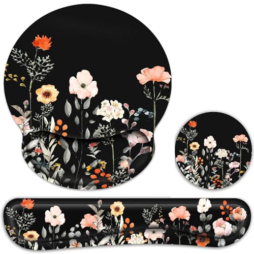 G JGOO Mouse Pad with Wrist Rest and Keyboard Wrist Rest Set, Wrist Rest for Computer Keyboard Memory Foam Pain Relief with Non Slip Rubber Base for Office, Gaming, Computer, Laptop, Garden Flower
